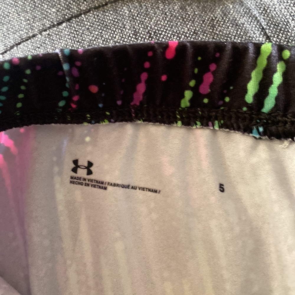 Under Armour Girls Black Leggings with Neon Pink, Yellow, Blue & Green Print - Picture 3 of 5
